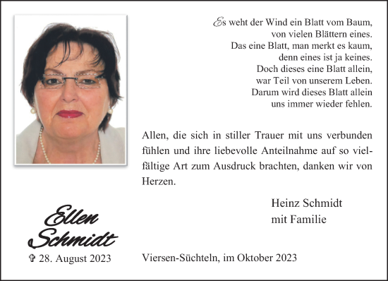 Traueranzeige von Ellen Schmidt von trauer.extra-tipp-moenchengladbach.de