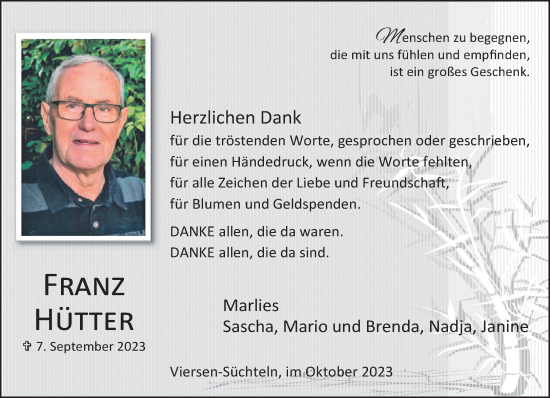 Traueranzeige von Franz Hütter von trauer.extra-tipp-moenchengladbach.de