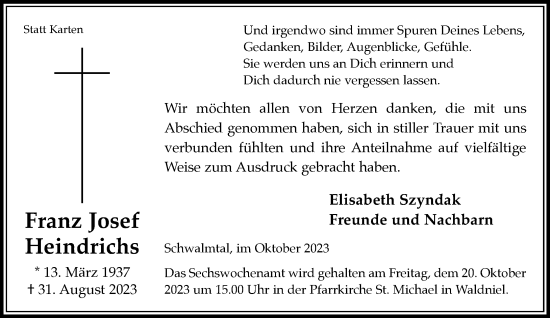 Traueranzeige von Franz Josef Heindrichs von trauer.extra-tipp-moenchengladbach.de