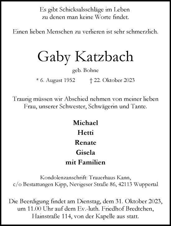 Traueranzeige von Gaby Katzbach von trauer.wuppertaler-rundschau.de