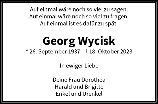 Traueranzeige von Georg Wycisk von trauer.wuppertaler-rundschau.de