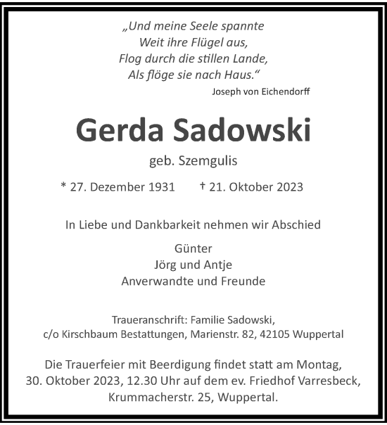 Traueranzeige von Gerda Sadowski von trauer.wuppertaler-rundschau.de