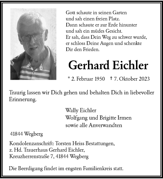 Traueranzeige von Gerhard Eichler von trauer.extra-tipp-moenchengladbach.de