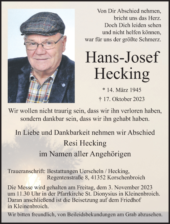 Traueranzeige von Hans-Josef Hecking von trauer.extra-tipp-moenchengladbach.de