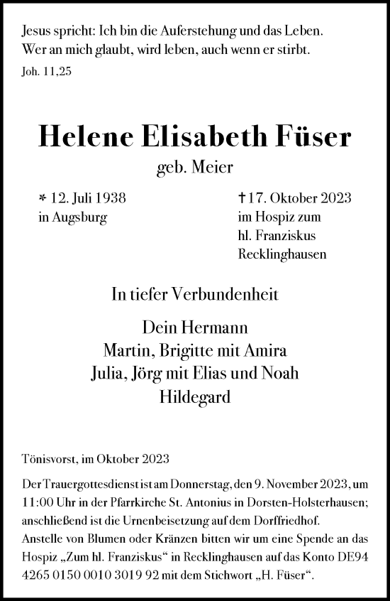 Traueranzeige von Helene Elisabeth Füser von trauer.extra-tipp-moenchengladbach.de