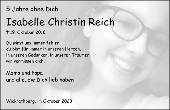 Traueranzeige von Isabelle Christin Reich von trauer.extra-tipp-moenchengladbach.de