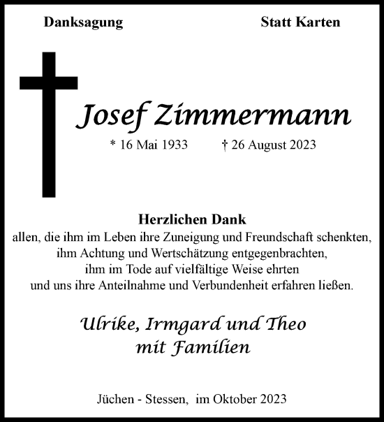 Traueranzeige von Josef Zimmermann von trauer.stadt-kurier.de