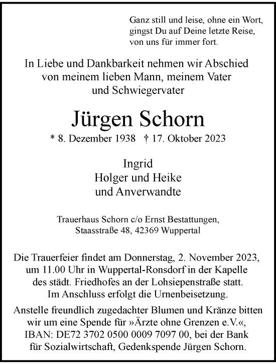 Traueranzeige von Jürgen Schorn von trauer.wuppertaler-rundschau.de
