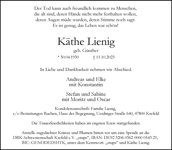 Traueranzeige von Käthe Lienig von trauer.extra-tipp-moenchengladbach.de