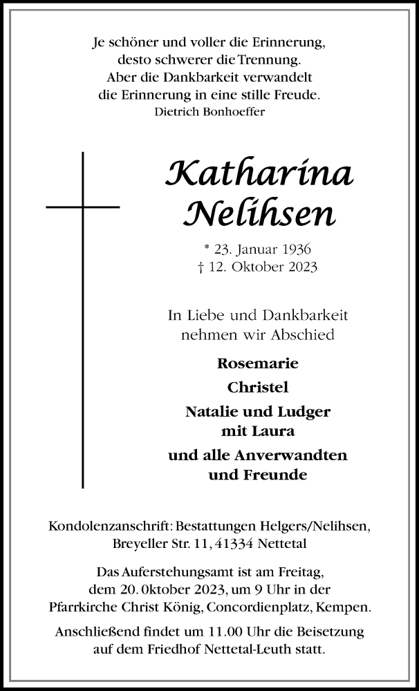  Traueranzeige für Katharina Nelihsen vom 15.10.2023 aus trauer.extra-tipp-moenchengladbach.de