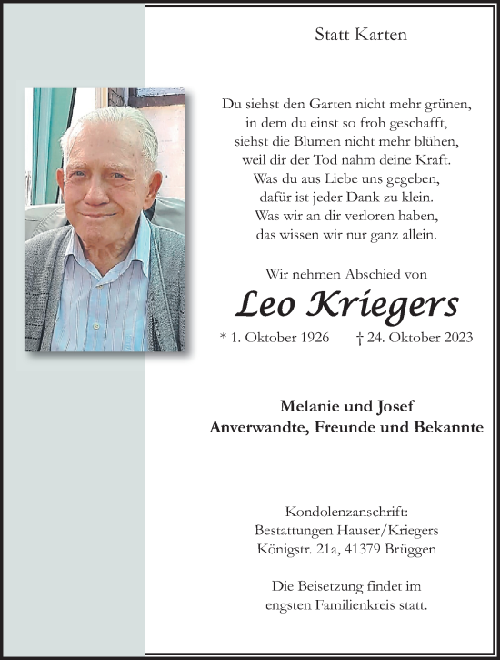 Traueranzeige von Leo Kriegers von trauer.extra-tipp-moenchengladbach.de