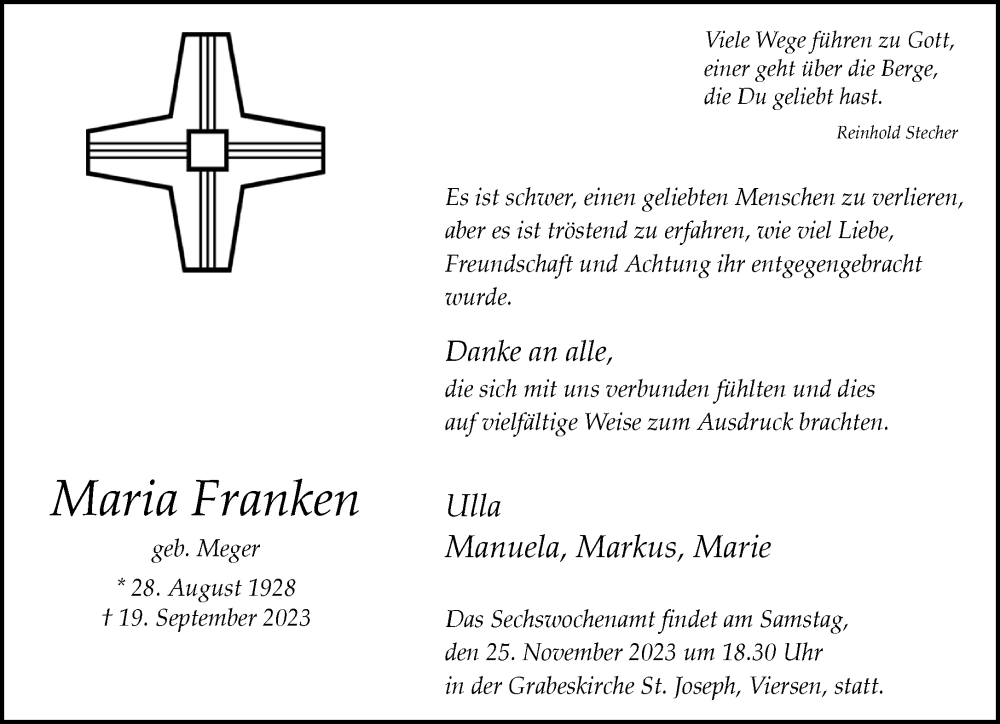  Traueranzeige für Maria Franken vom 19.11.2023 aus trauer.extra-tipp-moenchengladbach.de