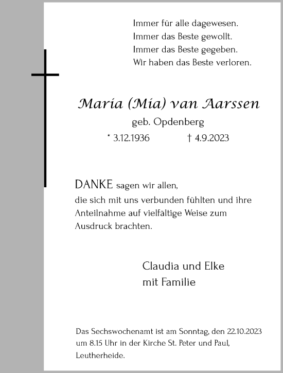 Traueranzeige von Maria  van Aarssen von trauer.extra-tipp-moenchengladbach.de