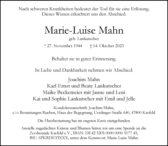 Traueranzeige von Marie-Luise Mahn von trauer.extra-tipp-moenchengladbach.de