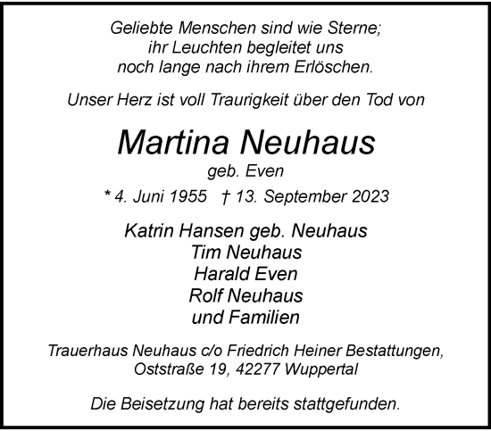 Traueranzeige von Martina Neuhaus von trauer.wuppertaler-rundschau.de