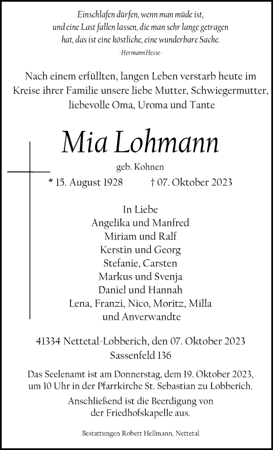 Traueranzeige von Mia Lohmann von trauer.extra-tipp-moenchengladbach.de