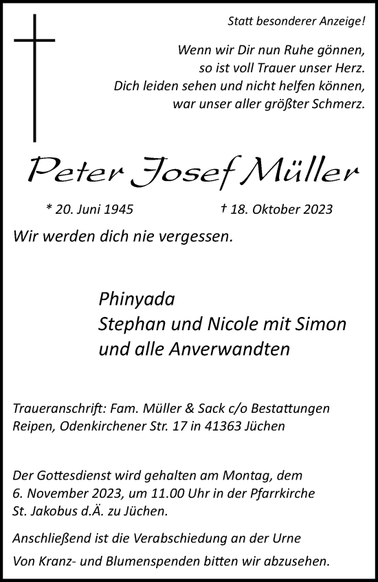 Traueranzeige von Peter Josef Müller von trauer.stadt-kurier.de