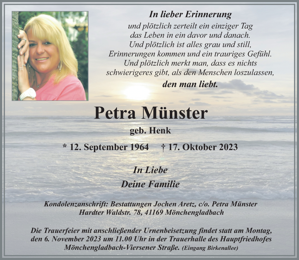  Traueranzeige für Petra Münster vom 29.10.2023 aus trauer.extra-tipp-moenchengladbach.de