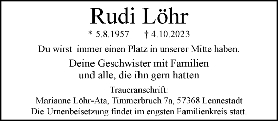 Traueranzeige von Rudi Löhr von trauer.extra-tipp-moenchengladbach.de