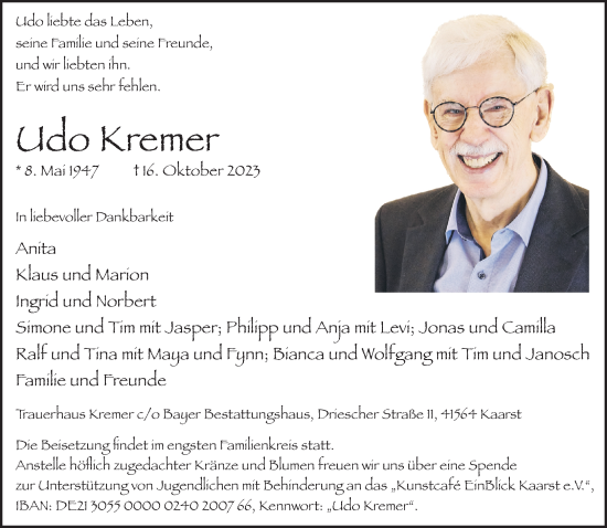 Traueranzeige von Udo Kremer von trauer.extra-tipp-moenchengladbach.de