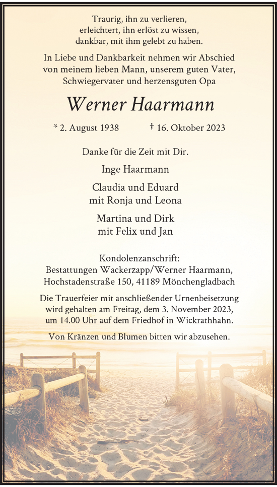 Traueranzeige von Werner Haarmann von trauer.extra-tipp-moenchengladbach.de