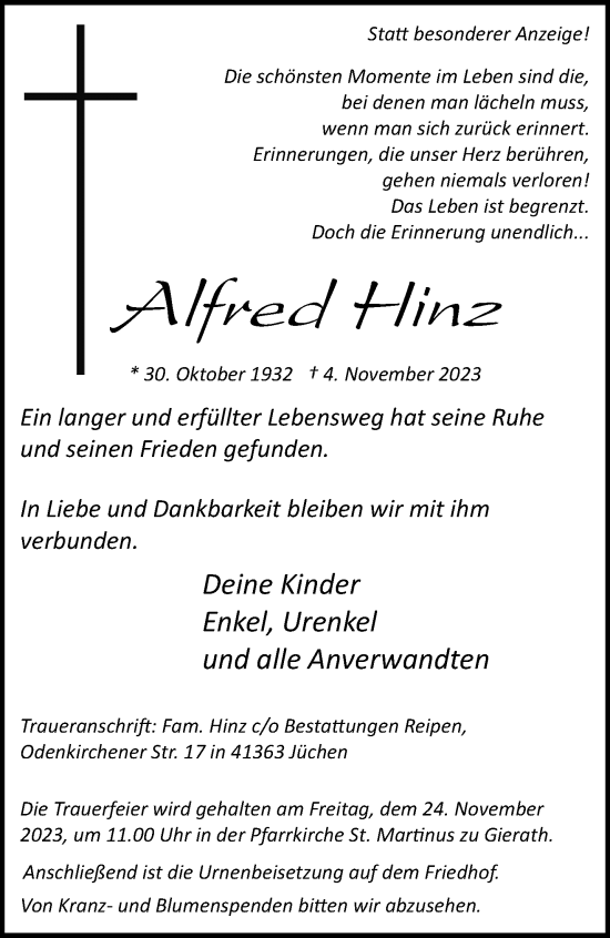 Traueranzeige von Alfred Hinz von trauer.stadt-kurier.de