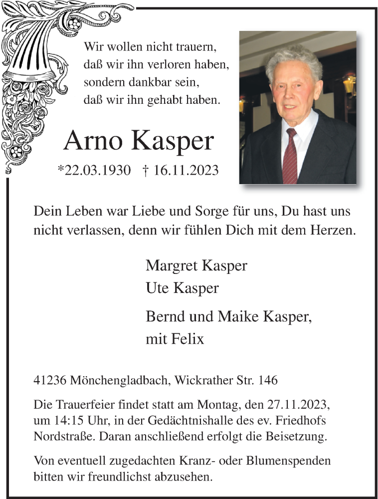  Traueranzeige für Arno Kasper vom 19.11.2023 aus trauer.extra-tipp-moenchengladbach.de