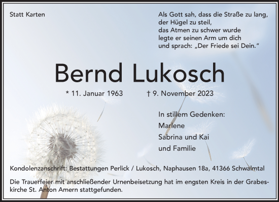 Traueranzeige von Bernd Lukosch von trauer.extra-tipp-moenchengladbach.de