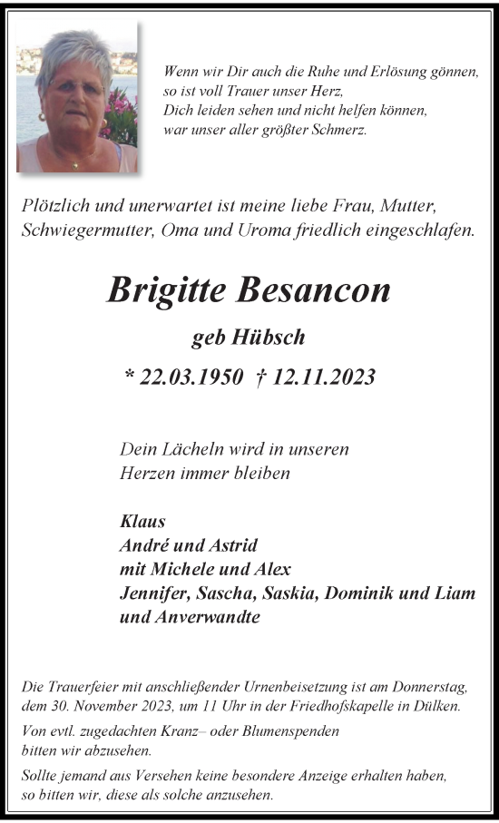 Traueranzeige von Brigitte Besancon von trauer.extra-tipp-moenchengladbach.de