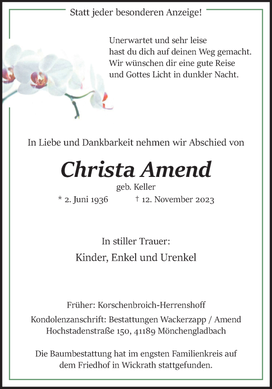 Traueranzeige von Christa Amend von trauer.extra-tipp-moenchengladbach.de