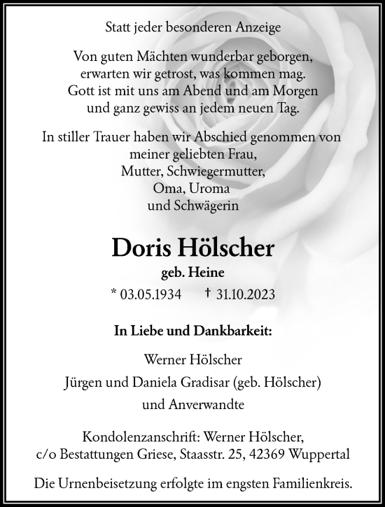 Traueranzeige von Doris Hölscher von trauer.wuppertaler-rundschau.de