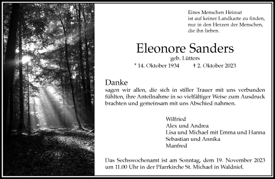 Traueranzeige von Eleonore Sanders von trauer.extra-tipp-moenchengladbach.de