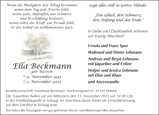 Traueranzeige von Ella Beckmann von trauer.extra-tipp-moenchengladbach.de