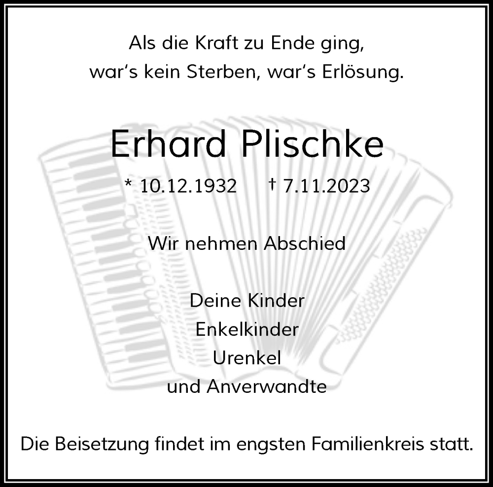  Traueranzeige für Erhard Plischke vom 18.11.2023 aus trauer.wuppertaler-rundschau.de