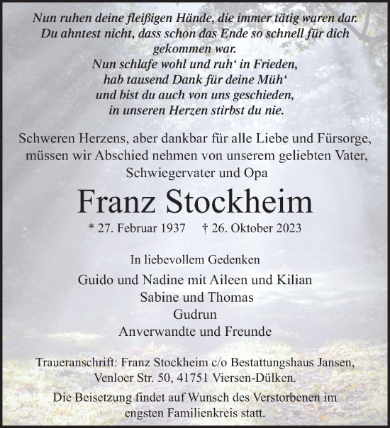 Traueranzeige von Franz Stockheim von trauer.extra-tipp-moenchengladbach.de
