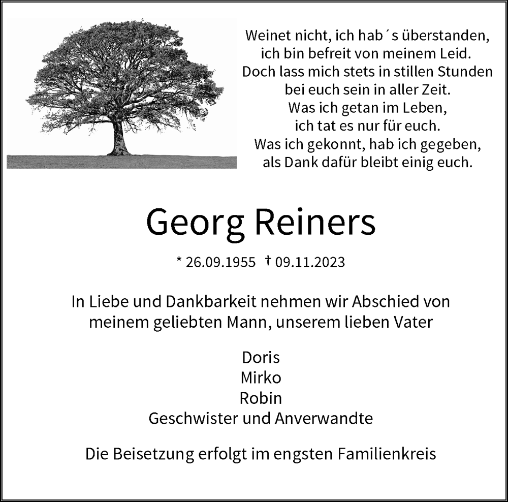  Traueranzeige für Georg Reiners vom 18.11.2023 aus trauer.wuppertaler-rundschau.de