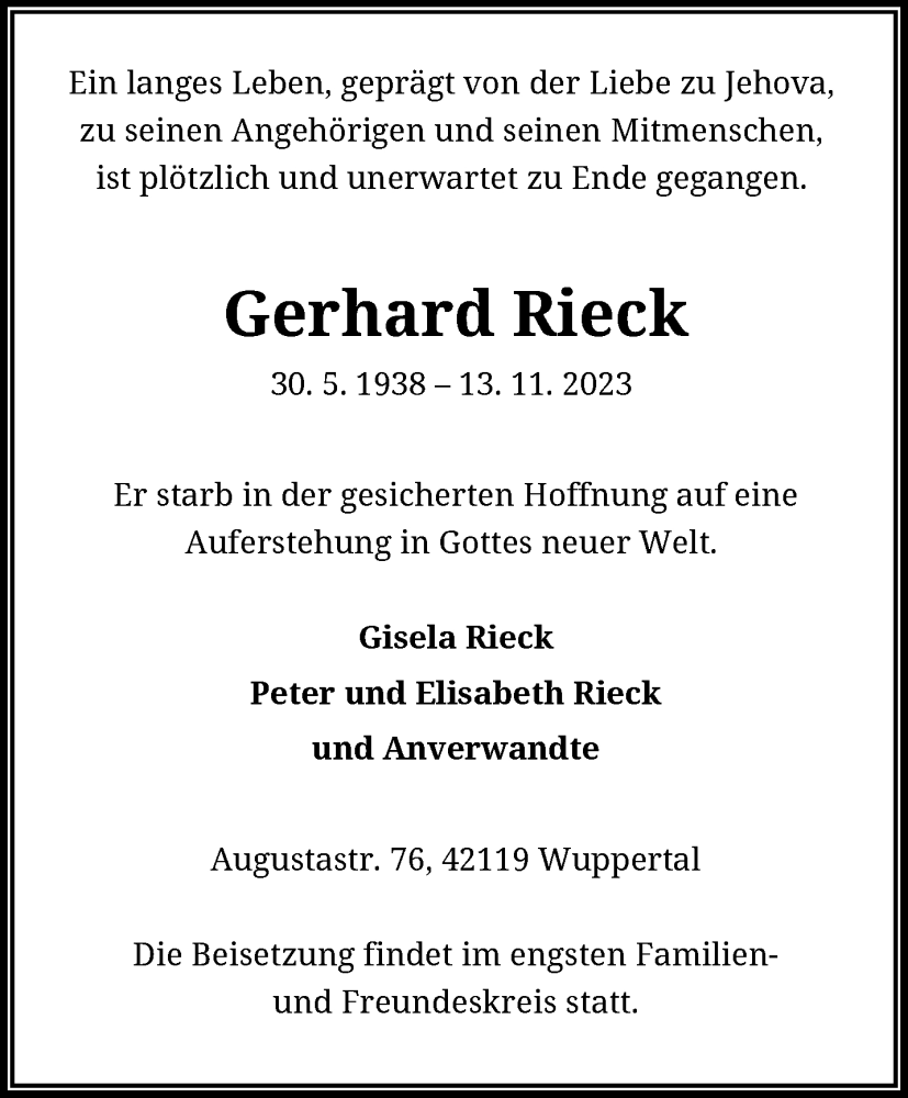  Traueranzeige für Gerhard Rieck vom 18.11.2023 aus trauer.wuppertaler-rundschau.de