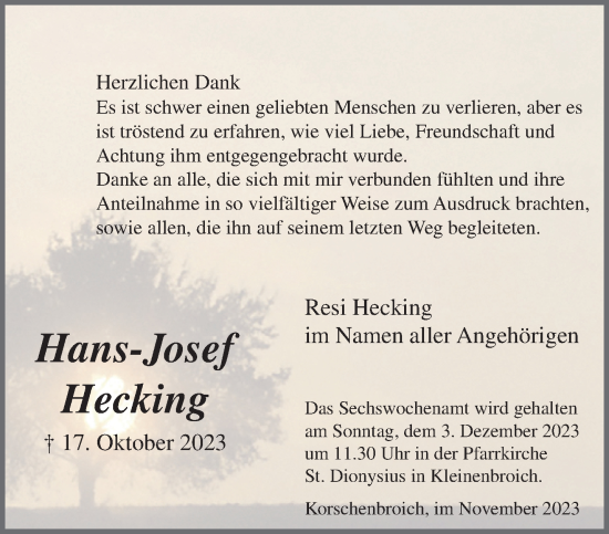 Traueranzeige von Hans-Josef Hecking von trauer.extra-tipp-moenchengladbach.de