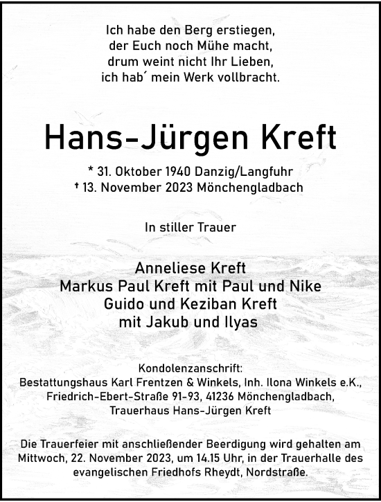 Traueranzeige von Hans-Jürgen Kreft von trauer.extra-tipp-moenchengladbach.de