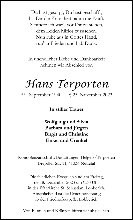 Traueranzeige von Hans Terporten von trauer.extra-tipp-moenchengladbach.de