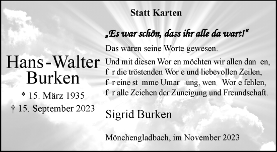 Traueranzeige von Hans-Walter Burken von trauer.extra-tipp-moenchengladbach.de