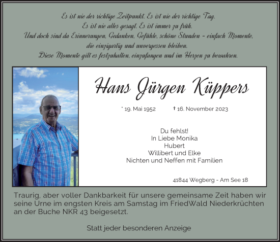 Traueranzeige von Hans Jürgen Küppers von trauer.extra-tipp-moenchengladbach.de
