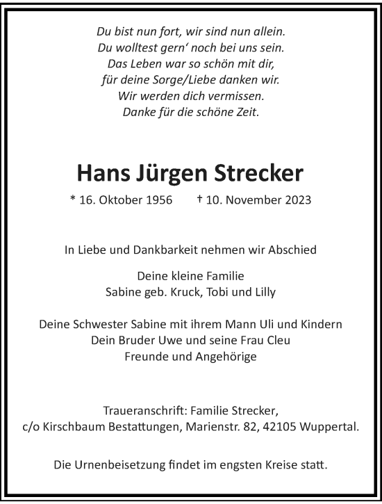 Traueranzeige von Hans Jürgen Strecker von trauer.wuppertaler-rundschau.de
