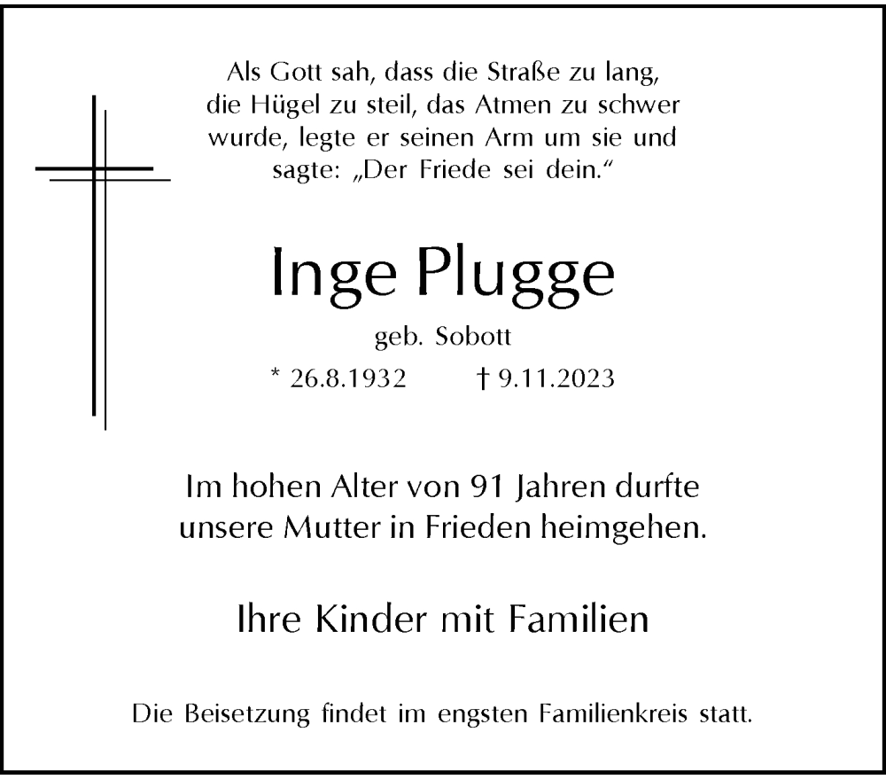  Traueranzeige für Inge Plugge vom 18.11.2023 aus trauer.wuppertaler-rundschau.de