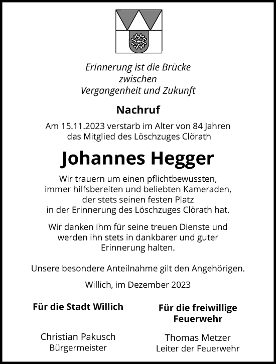 Traueranzeige von Johannes Hegger von trauer.extra-tipp-moenchengladbach.de