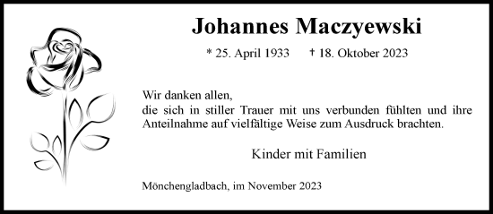 Traueranzeige von Johannes Maczyewski von trauer.extra-tipp-moenchengladbach.de