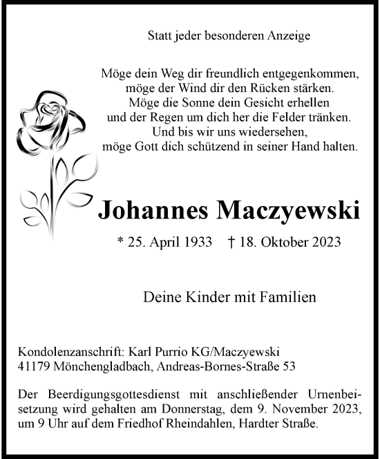 Traueranzeige von Johannes Maczyewski von trauer.extra-tipp-moenchengladbach.de