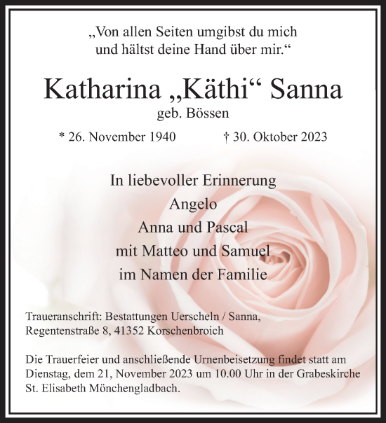 Traueranzeige von Katharina Sanna von trauer.extra-tipp-moenchengladbach.de