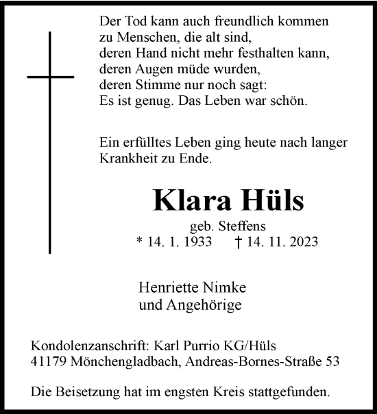 Traueranzeige von Klara Hüls von trauer.extra-tipp-moenchengladbach.de