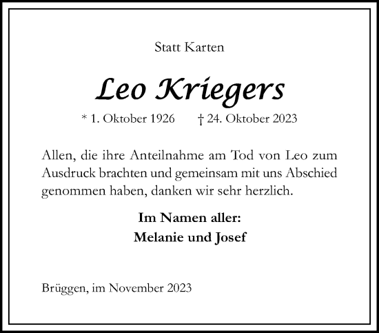 Traueranzeige von Leo Kriegers von trauer.extra-tipp-moenchengladbach.de